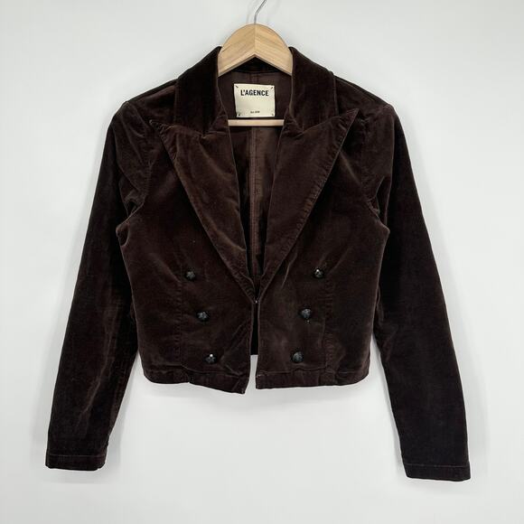 L’AGENCE Wayne Cropped Velvet Blazer Double Breasted Jacket Classic, Brown - Picture 2 of 8